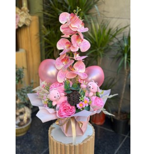 Pembe Yapay Orkide - Ayıcık - Balon